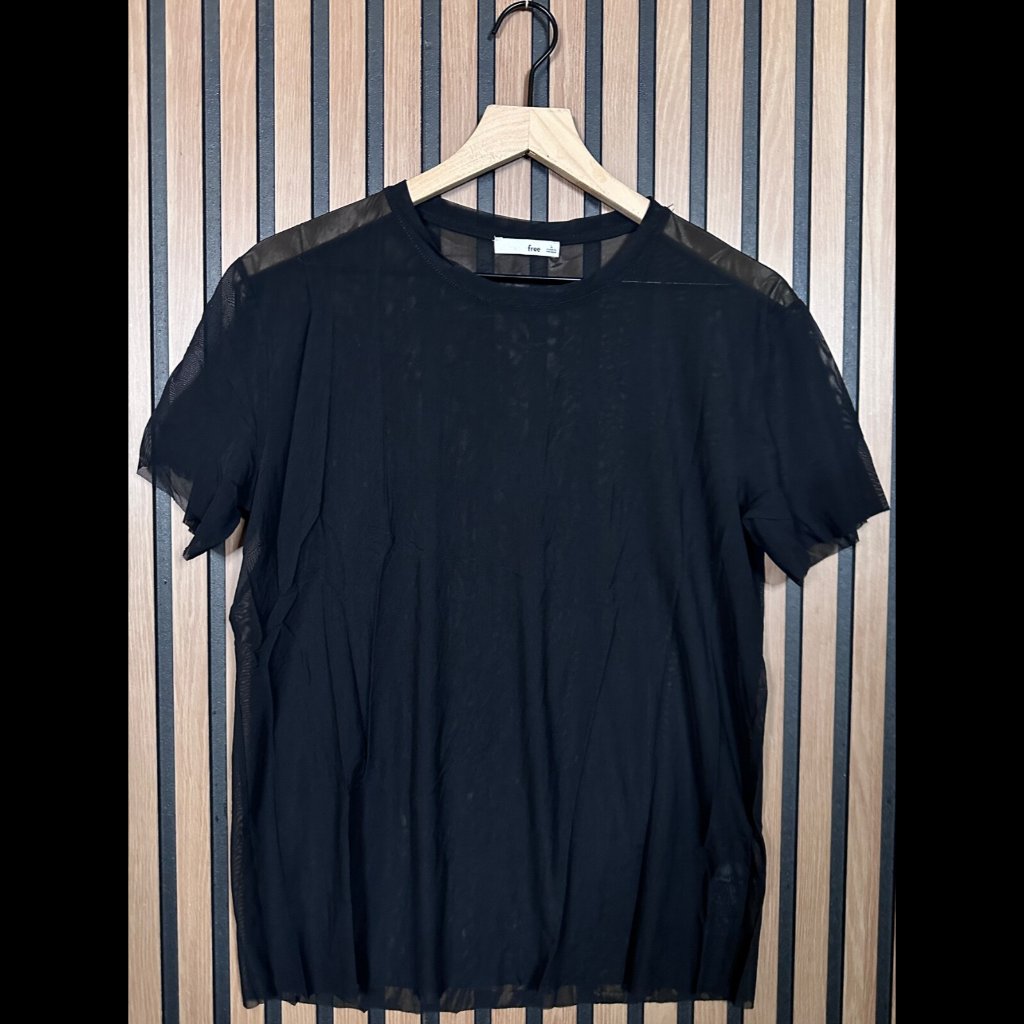 Wilfred Free Top Large Womens Black Sheer Short Sleeve Blouse Tee Stretch
